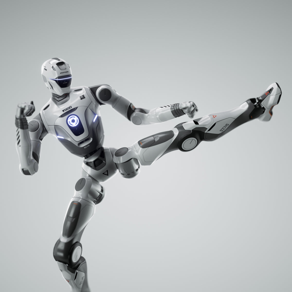 EngineAI T800 Open Source Edition humanoid robot performing a flying kick
